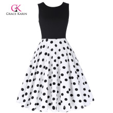 Grace Karin Retro Vintage Sleeveless Crew Neck Patchwork Flare A-Line Polka Dots Dress CL010463-2